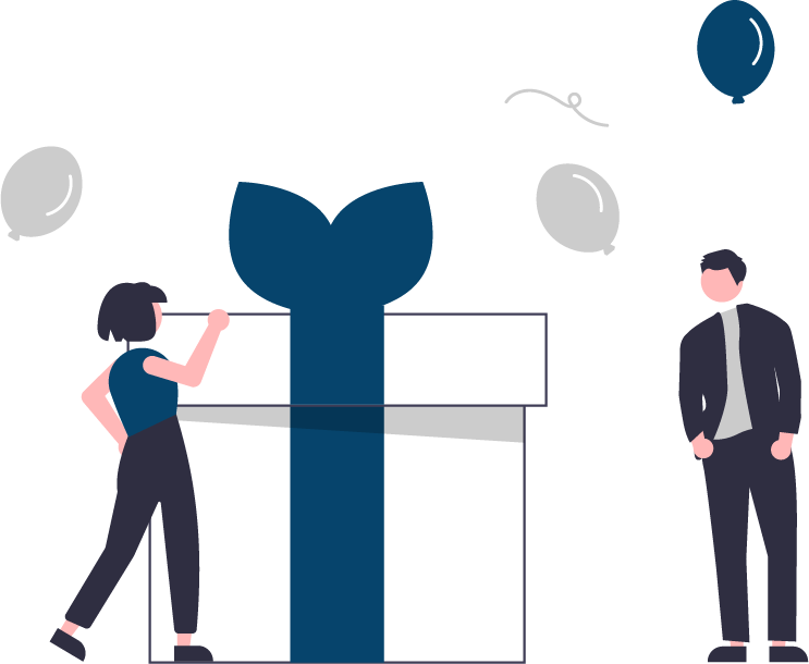 An illustration of a person beside a person sized present with balloons around it as another person looks at the present