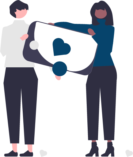 Simple illustration of two people holding a very large envelope with a heart on it.