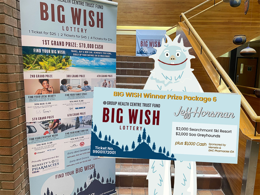 A illustration of a Yeti hold a giant presentation cheque in front of a staircase in the Group Health Centre Building