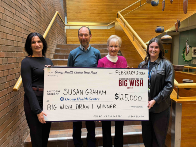 Susan Graham - Draw 1 Winner: Group Health Centre CEO, Lil Silvano (left) and Trust Fund Coordinator, Amelia Stuetz (right) with winner of draw 1, Susan Graham, and husband, Cliff.